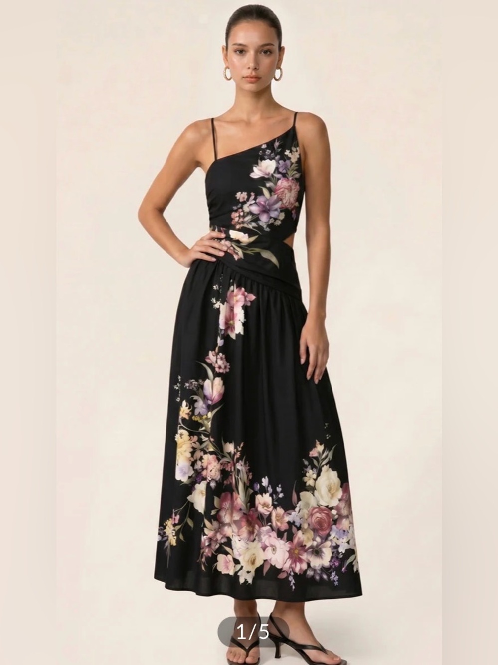 Commense Asymmetric Cutout Floral Slip Midi Dress